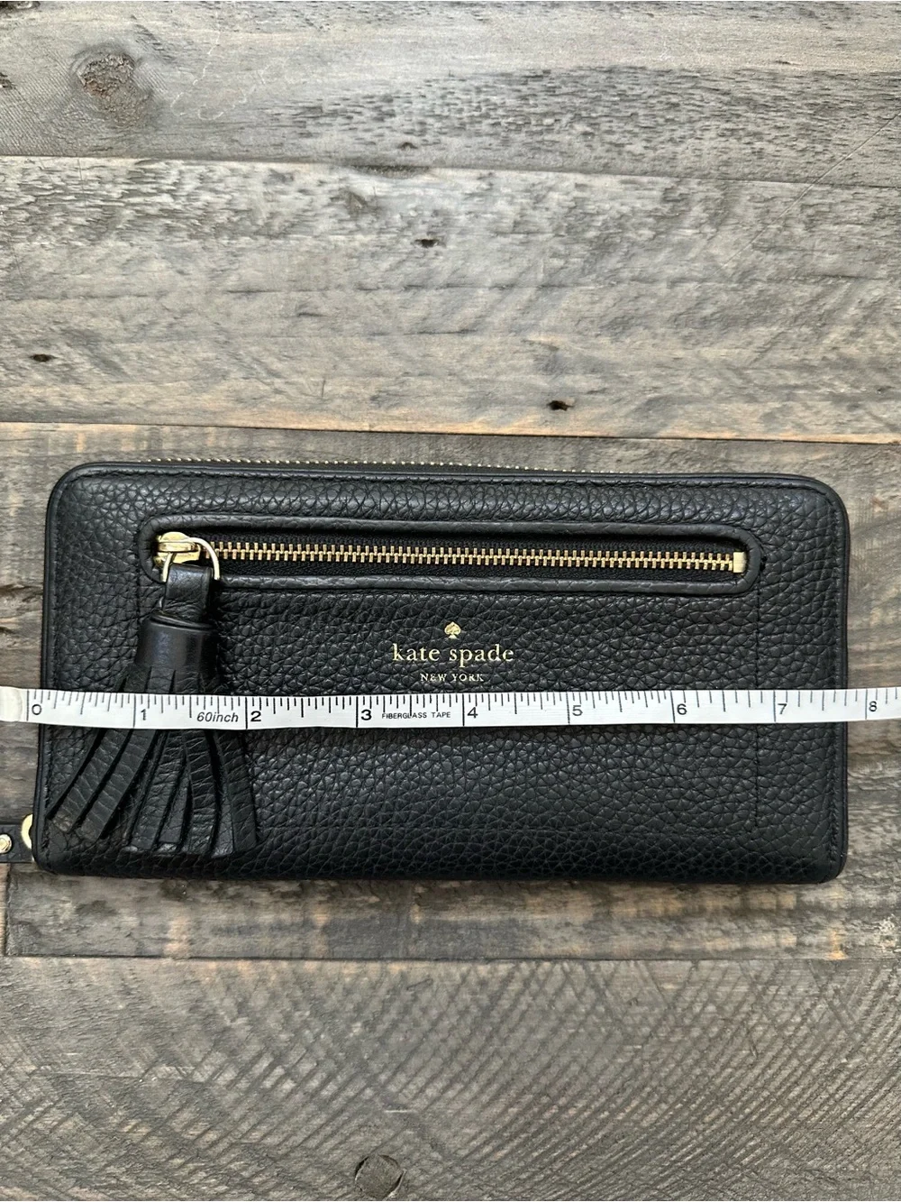 Kate Spade Black Pebbled Leather Tassel Zip Wallet with Gold Hardware